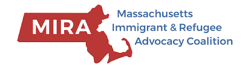 A red silhouette of a person with the words massachusetts immigrant advocacy underneath.