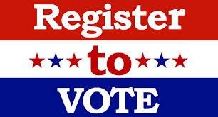 A red white and blue sign that says register to vote.